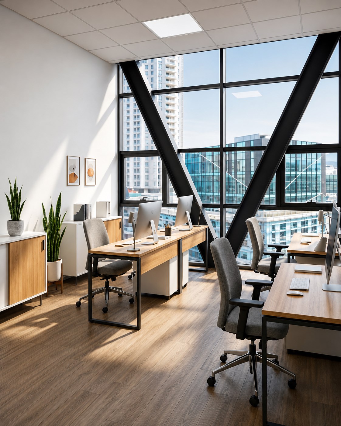 Office interior at Donika 2, workstations beside full-height glazing overlooking the city