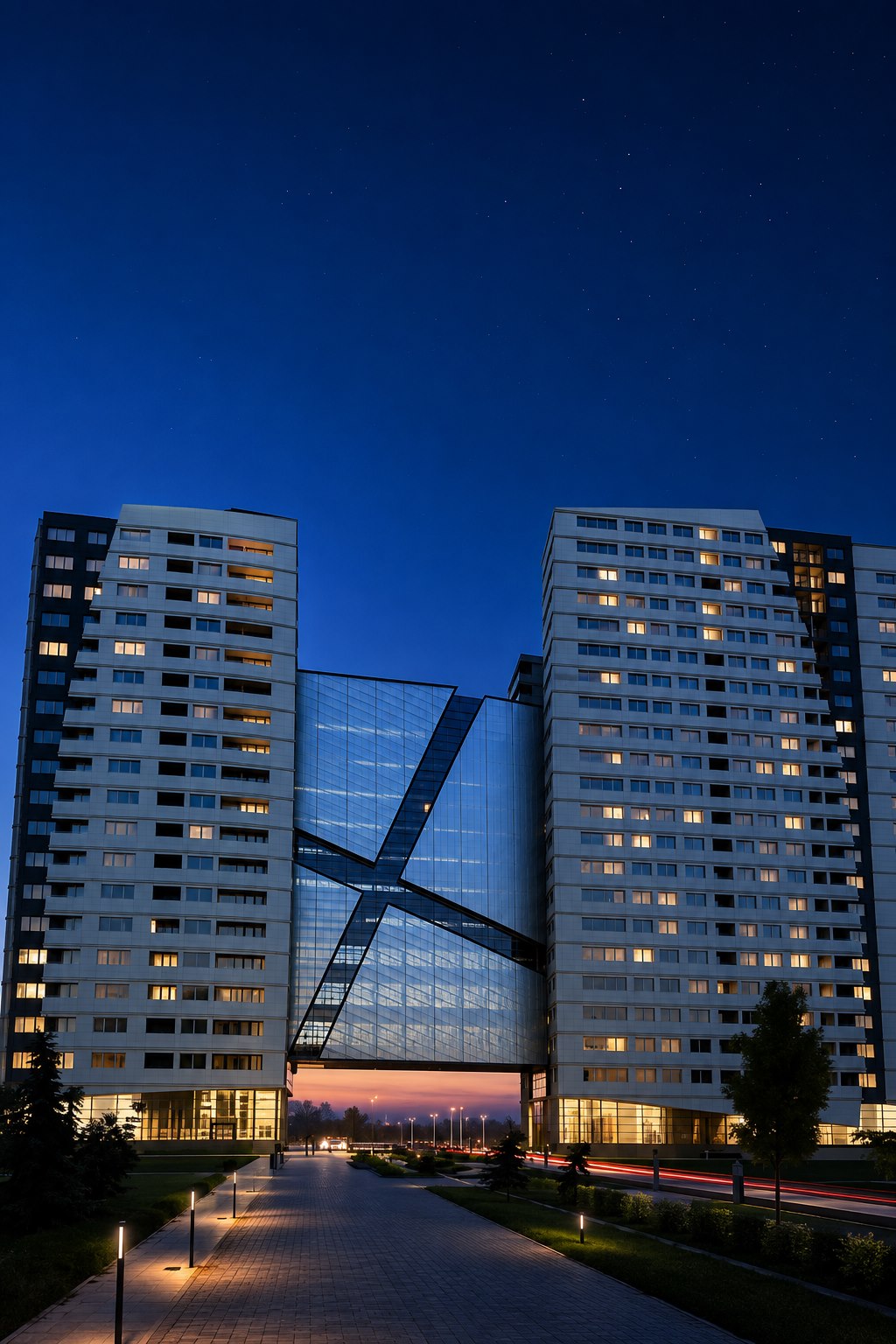 Kompleksi Donika 2 at dusk, the glazed atrium and its X-brace lit from within