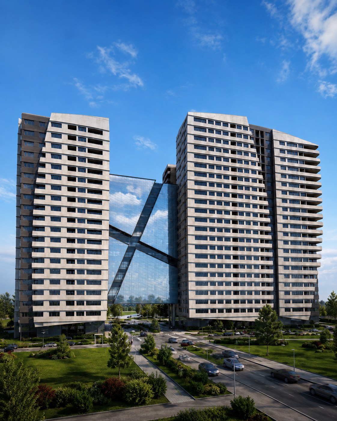 Kompleksi Donika 2 — the twin towers and their glazed X-braced atrium, seen from the approach