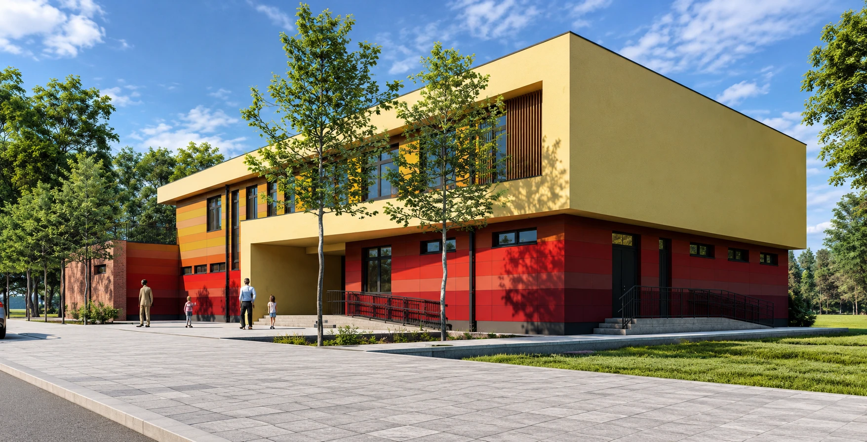 Architectural render of a building under construction, yellow and red facade