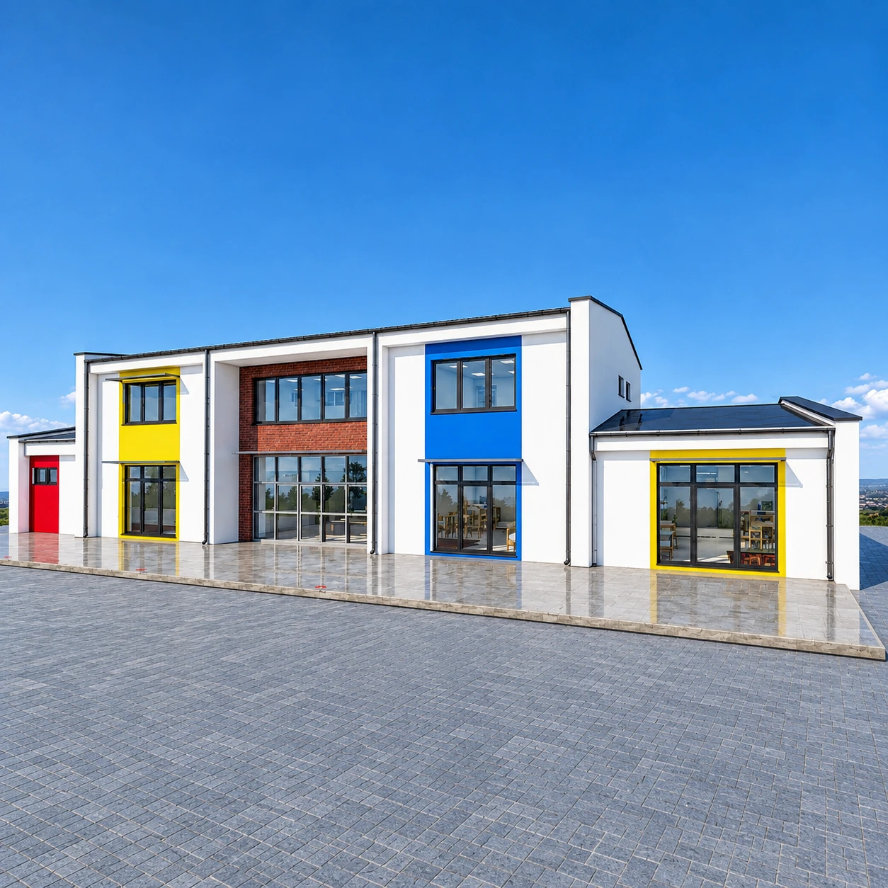 Architectural render of a building under construction, white facade with coloured window frames