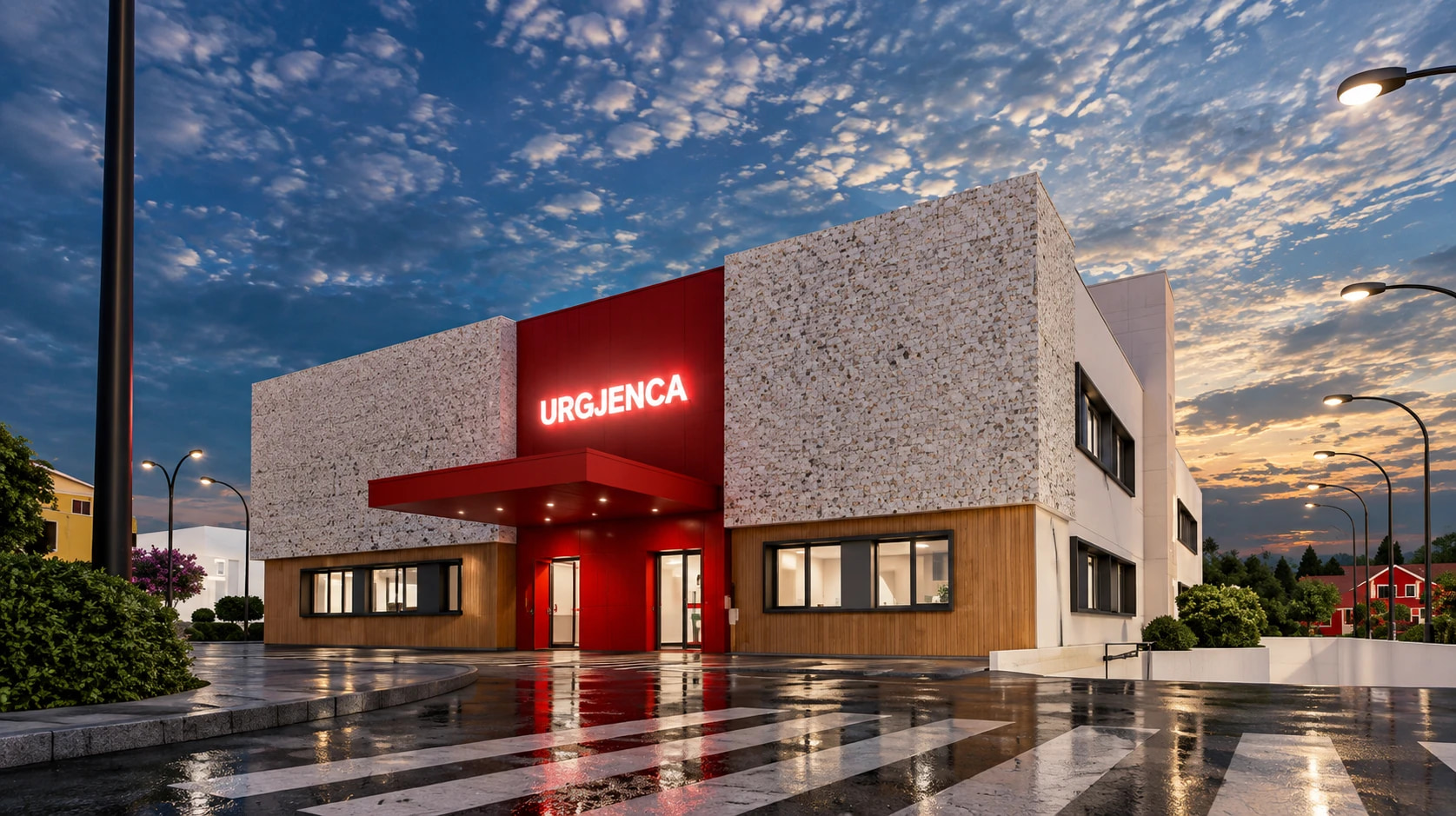 Architectural render of QKMF Lipjan's emergency entrance, lit "URGJENCA" sign over the red canopy