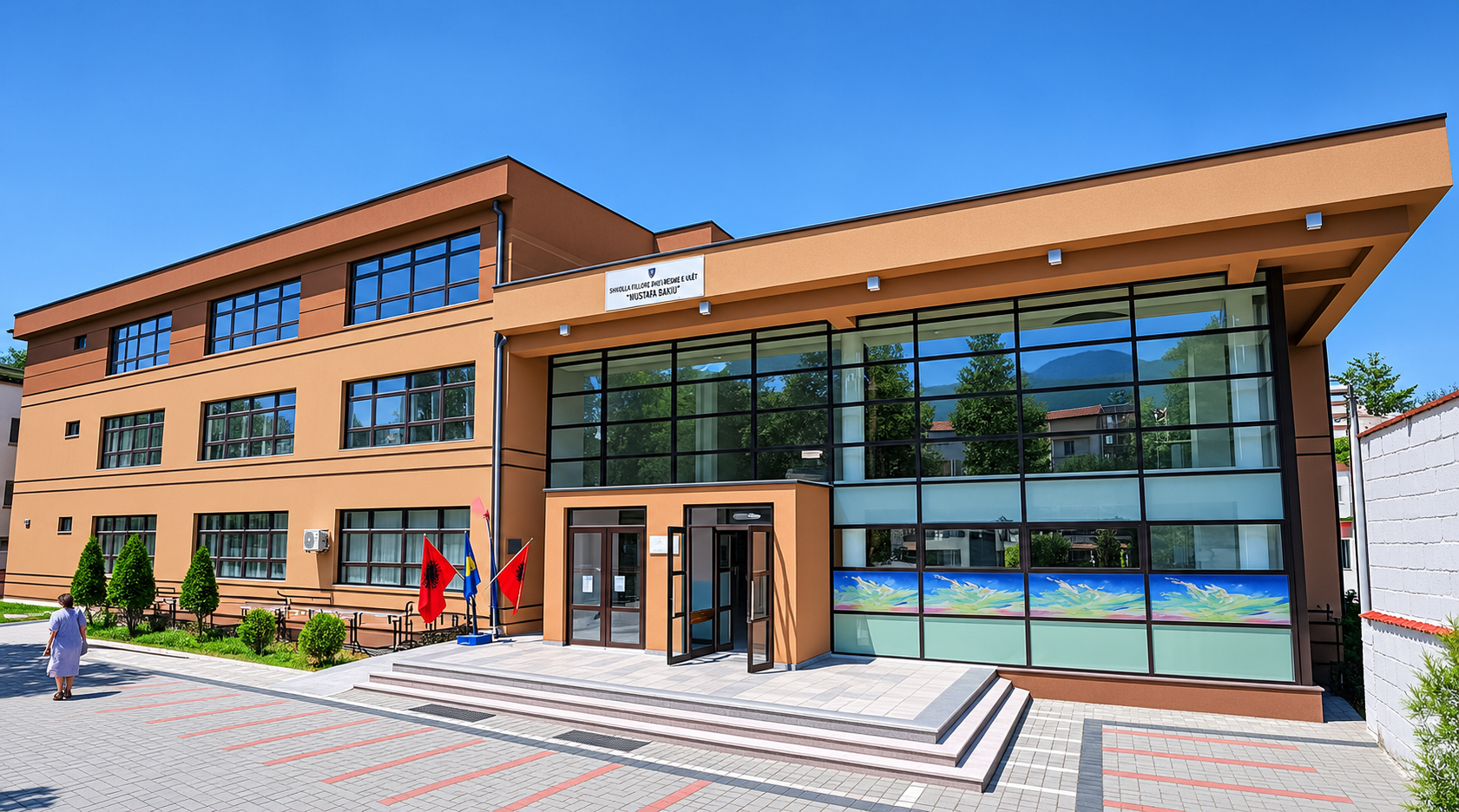 SHFMU "Mustafa Bakiu" school building delivered in Prizren, Kosovo, front facade and entrance