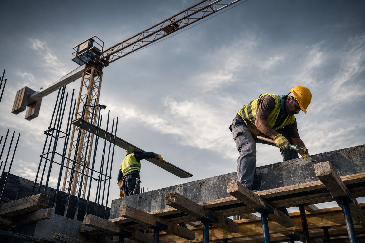 Beni Dona site team fixing formwork on a concrete deck, tower crane overhead