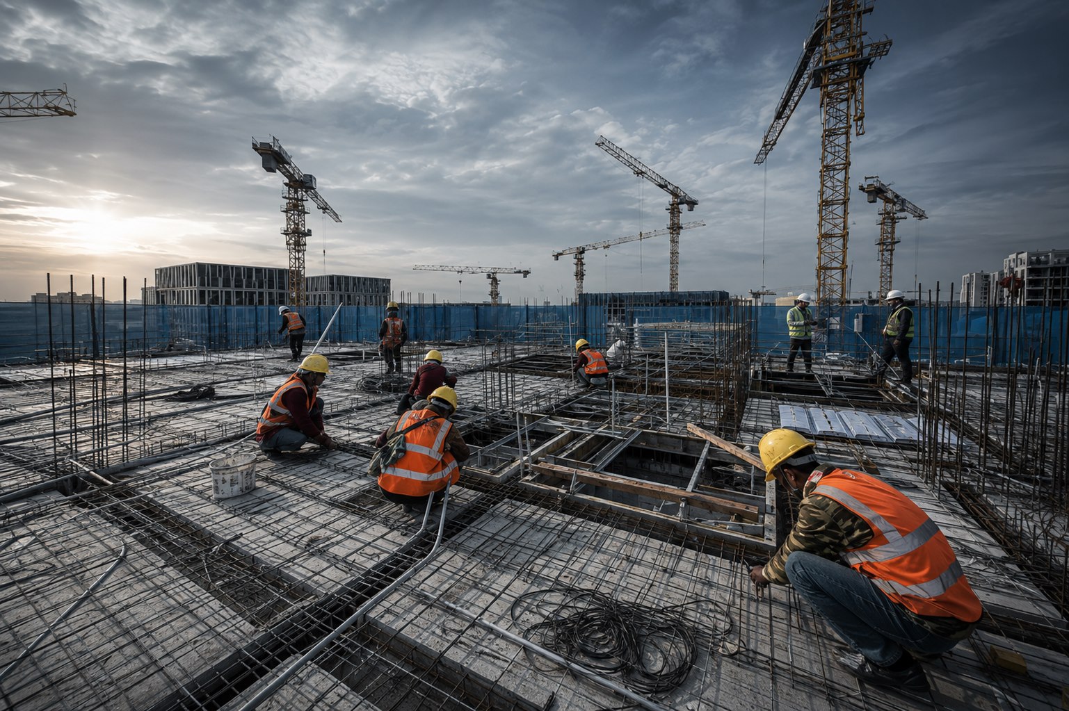 Crews tying reinforcement across a slab at first light, cranes ranged across the site