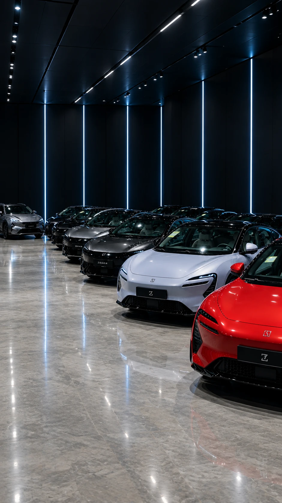 Row of ZEEKR electric vehicles in the FluxFusion Kosova showroom, vertical view under blue lighting
