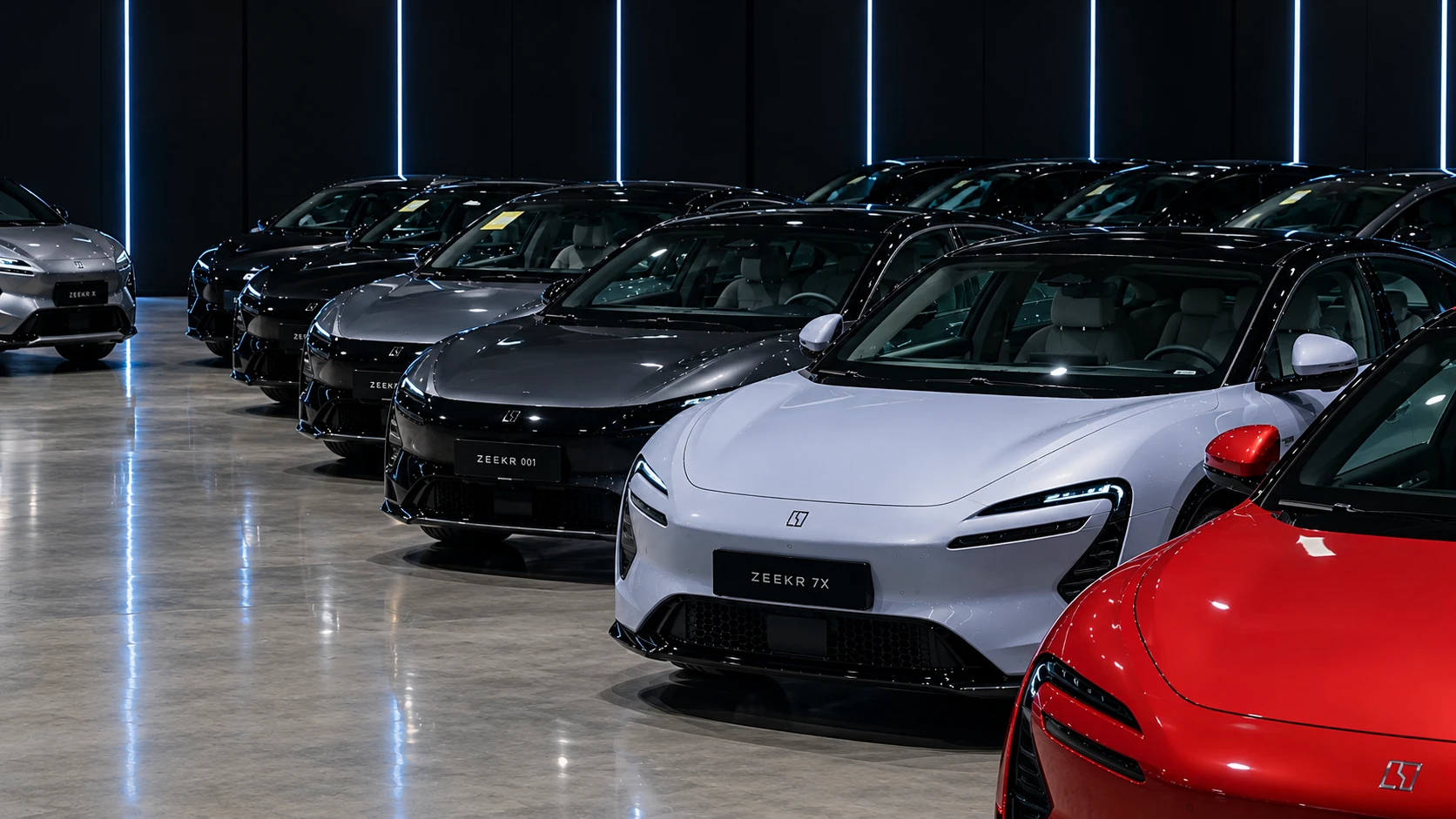 Row of EEEKR electric vehicles in the FluxFusion Kosova showroom, under vertical blue lighting