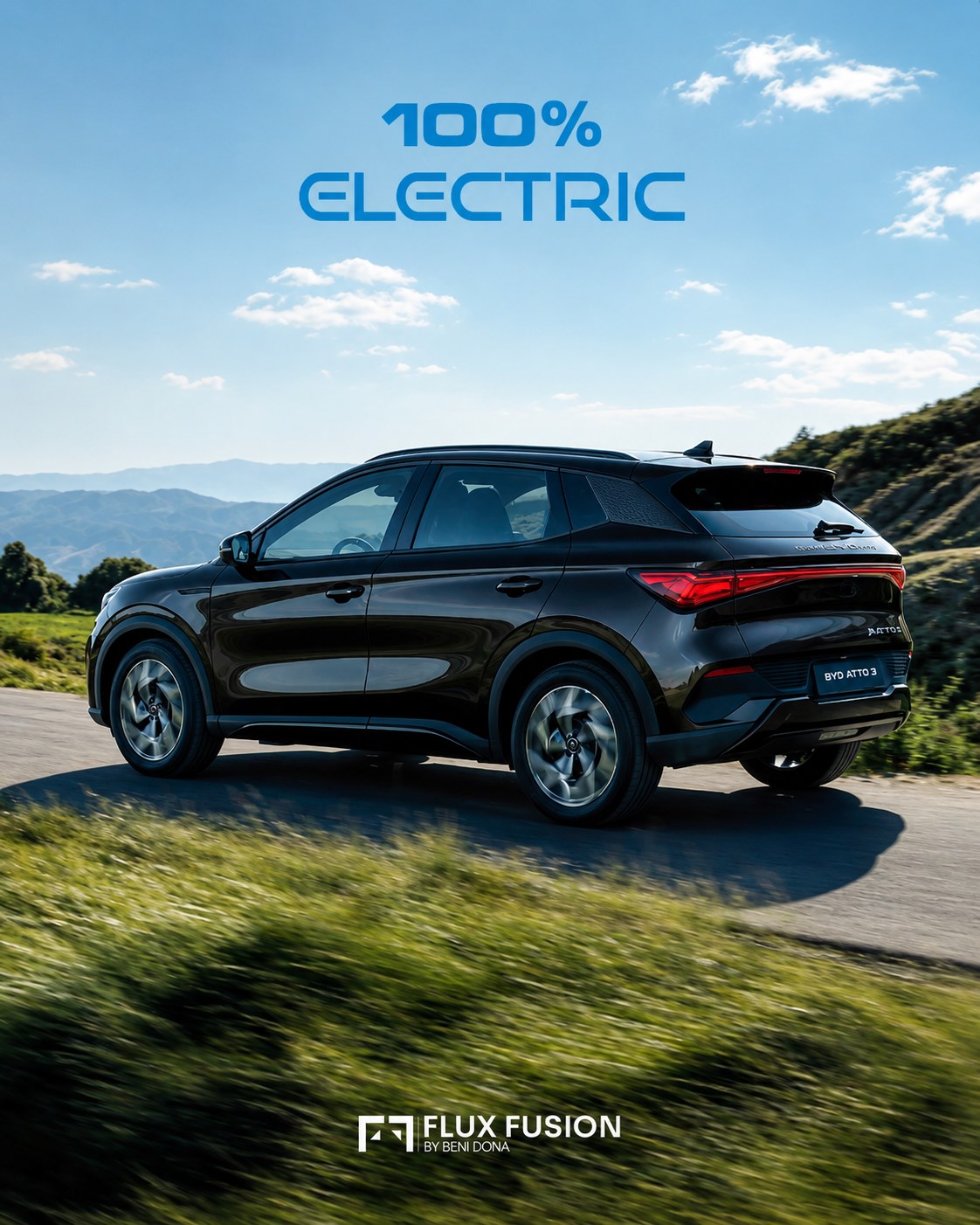 A BYD Atto 3 on the road, from FluxFusion Kosova's 100% Electric campaign