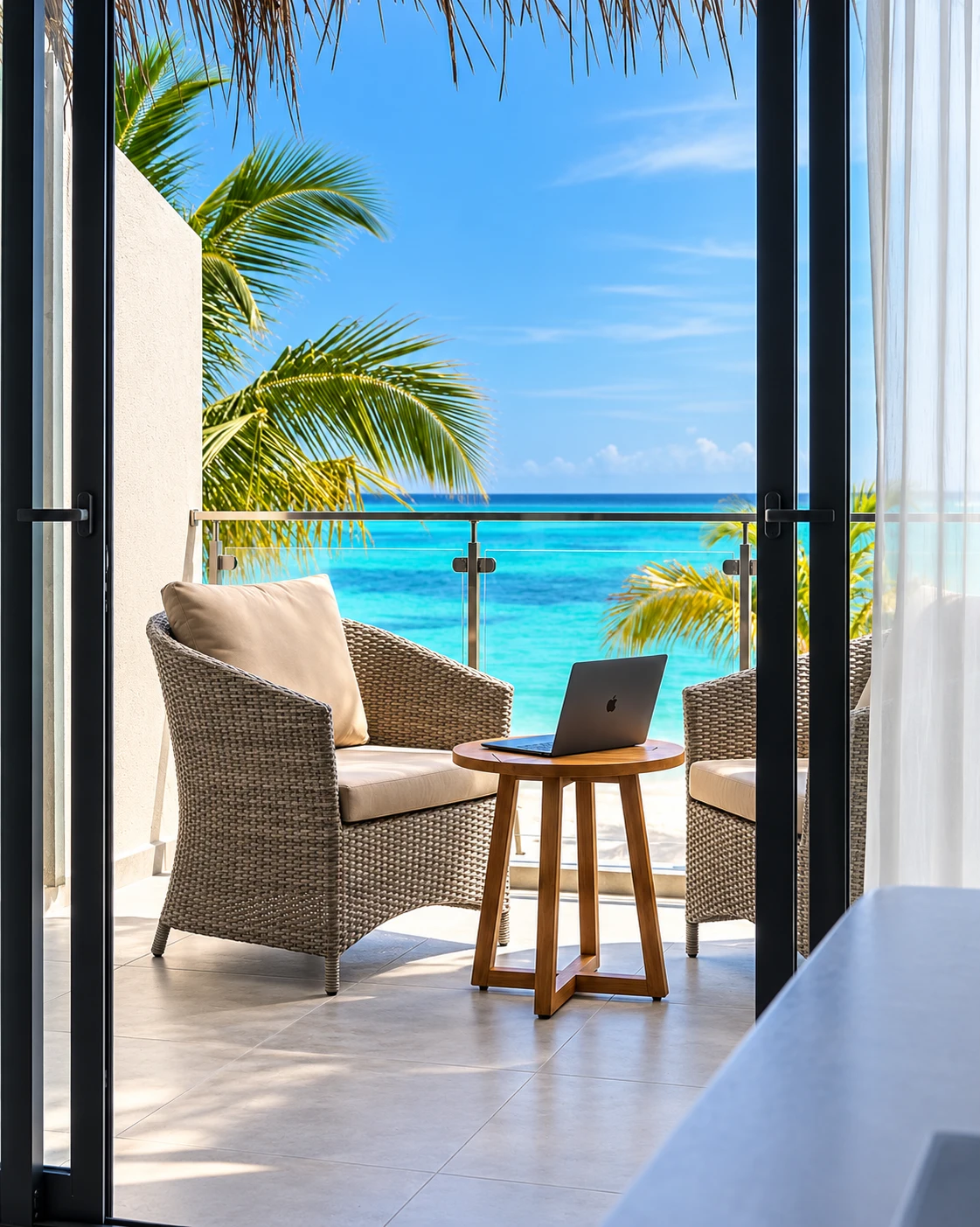 A Hotel Pinea balcony with wicker chairs, a coffee table and a sea view through the palms