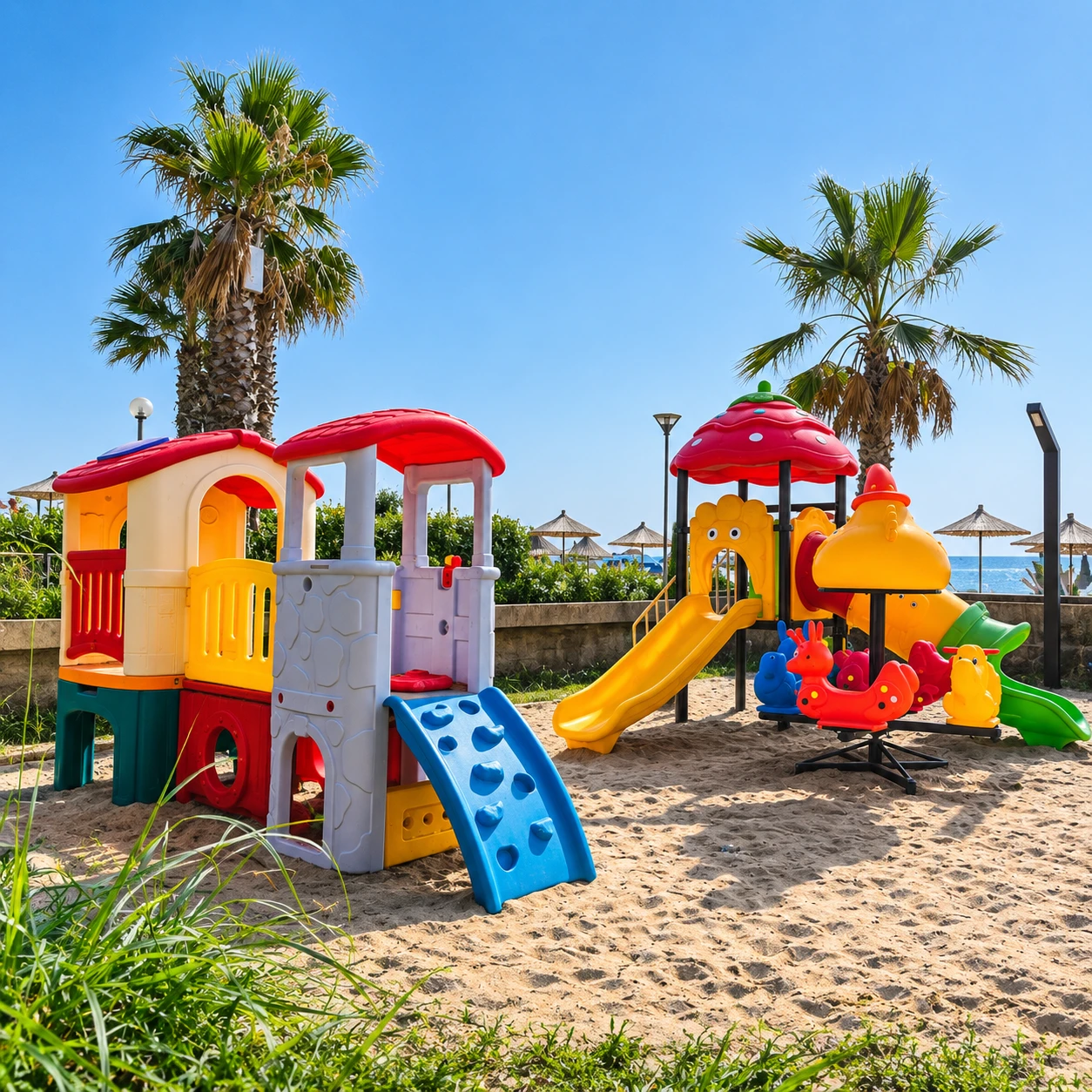 Hotel Pinea's children's playground, by the beach among the palms
