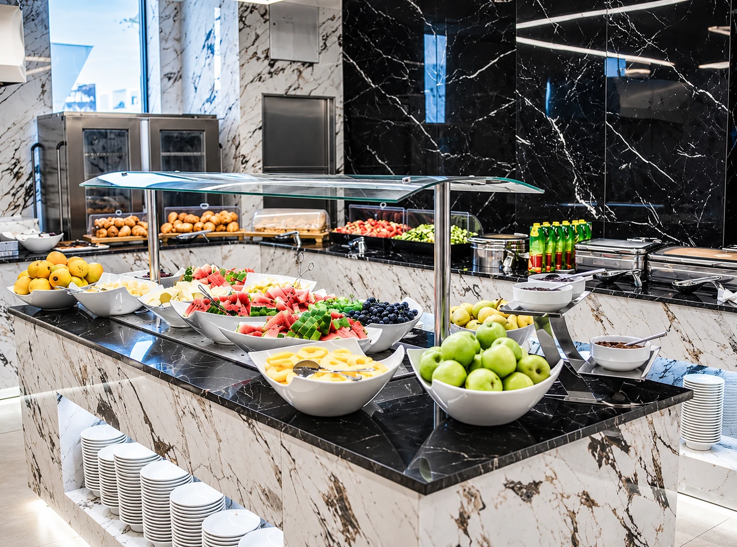 A breakfast buffet spread at Hotel Pinea with fresh fruit