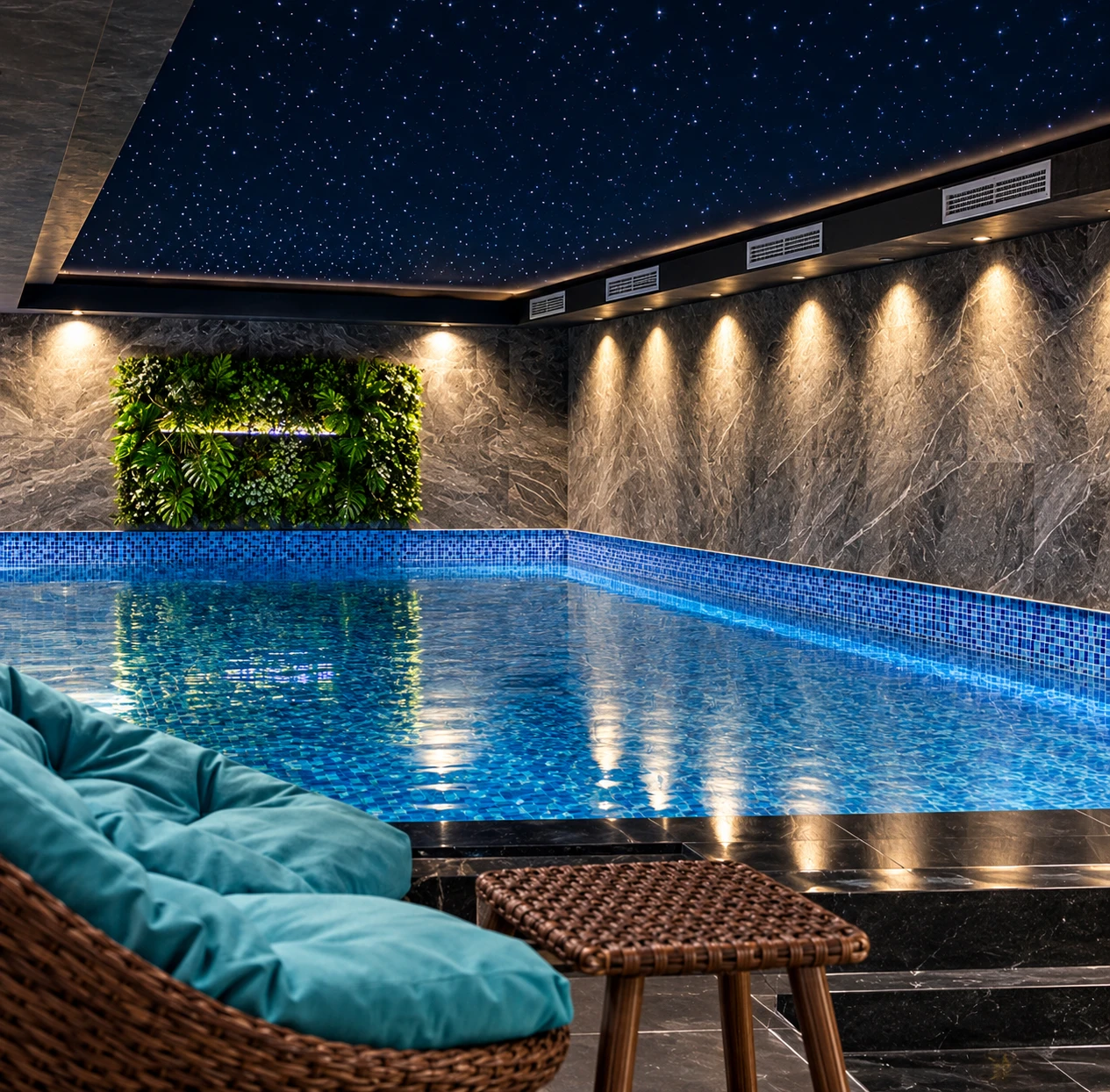 Hotel Pinea's indoor pool under a starlit ceiling