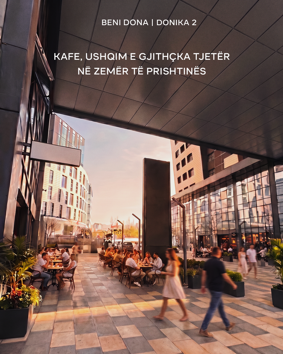 A café terrace at Donika 2, tables full at golden hour