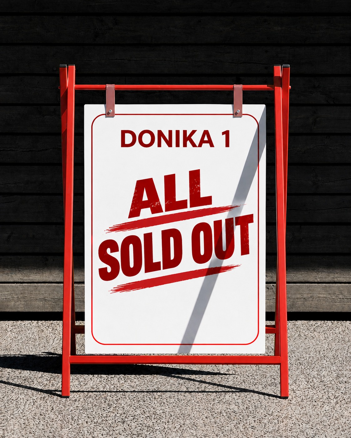 A red sandwich-board sign reading "Donika 1 — All Sold Out", Beni Dona Group