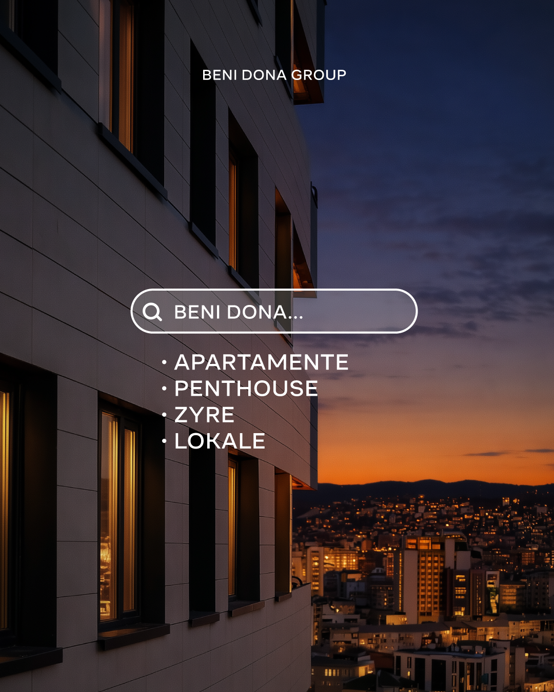 Donika 2's facade at dusk, promoting apartments, penthouses, offices and commercial units