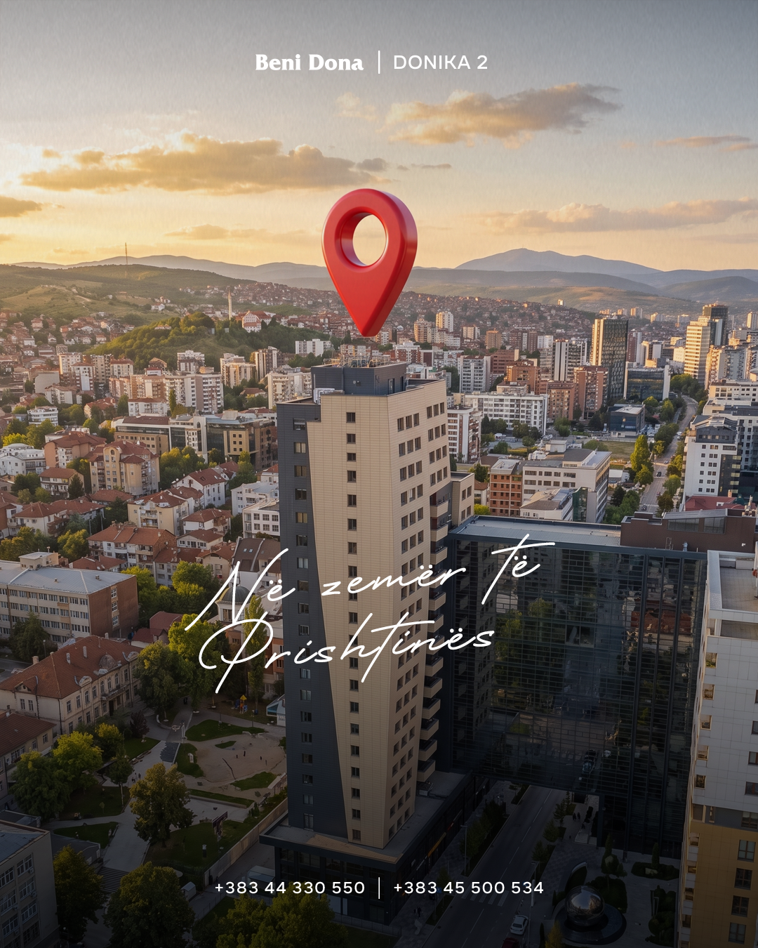 Aerial view of Donika 2's tower marked with a location pin over central Prishtina