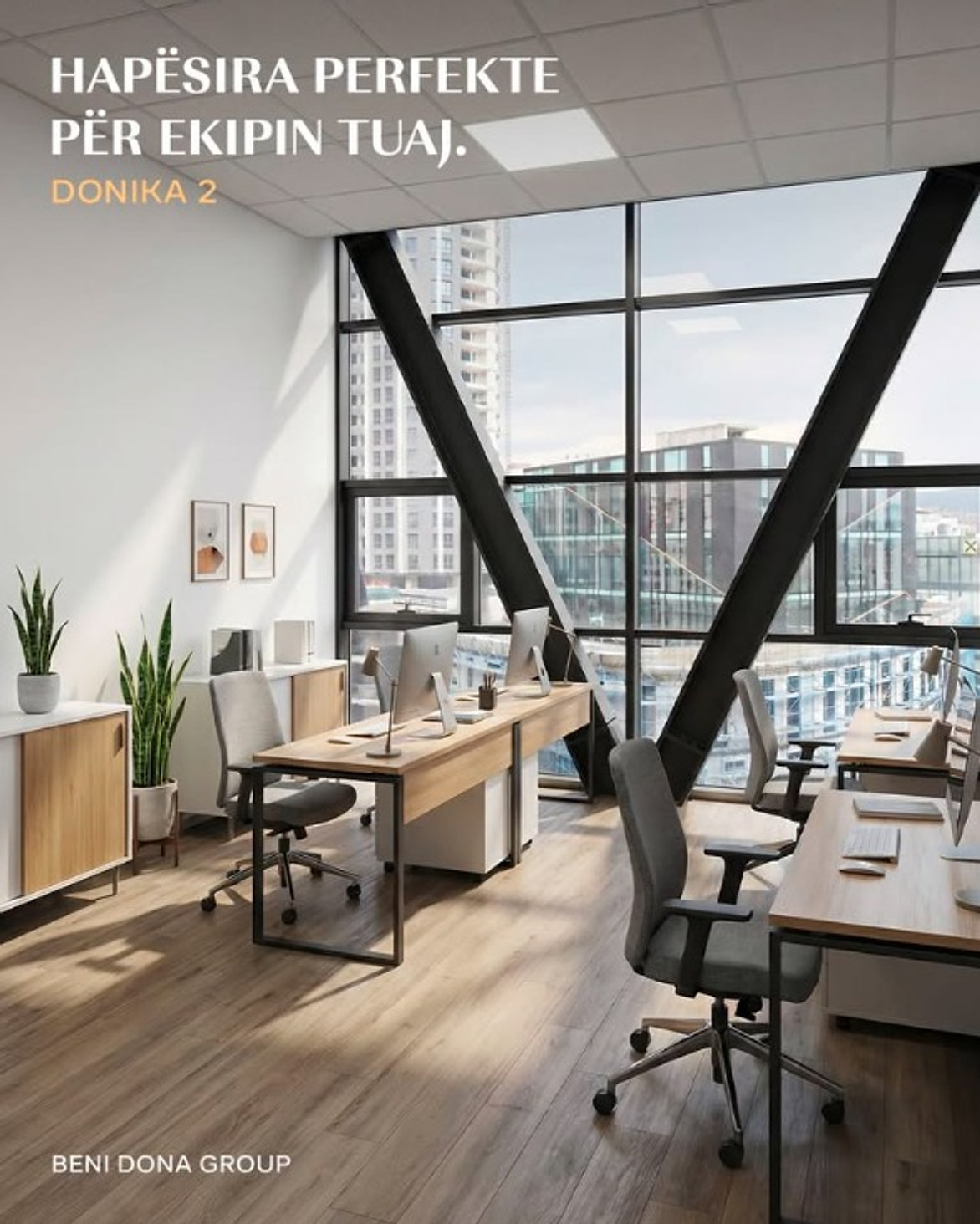 An open-plan office fit-out in Donika 2, floor-to-ceiling windows over the city