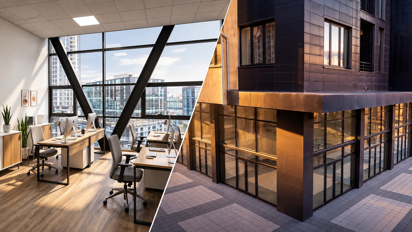 A split promotional banner for offices and retail space to rent at Kompleksi Donika 2 — a fitted-out office interior beside the complex's facade at dusk