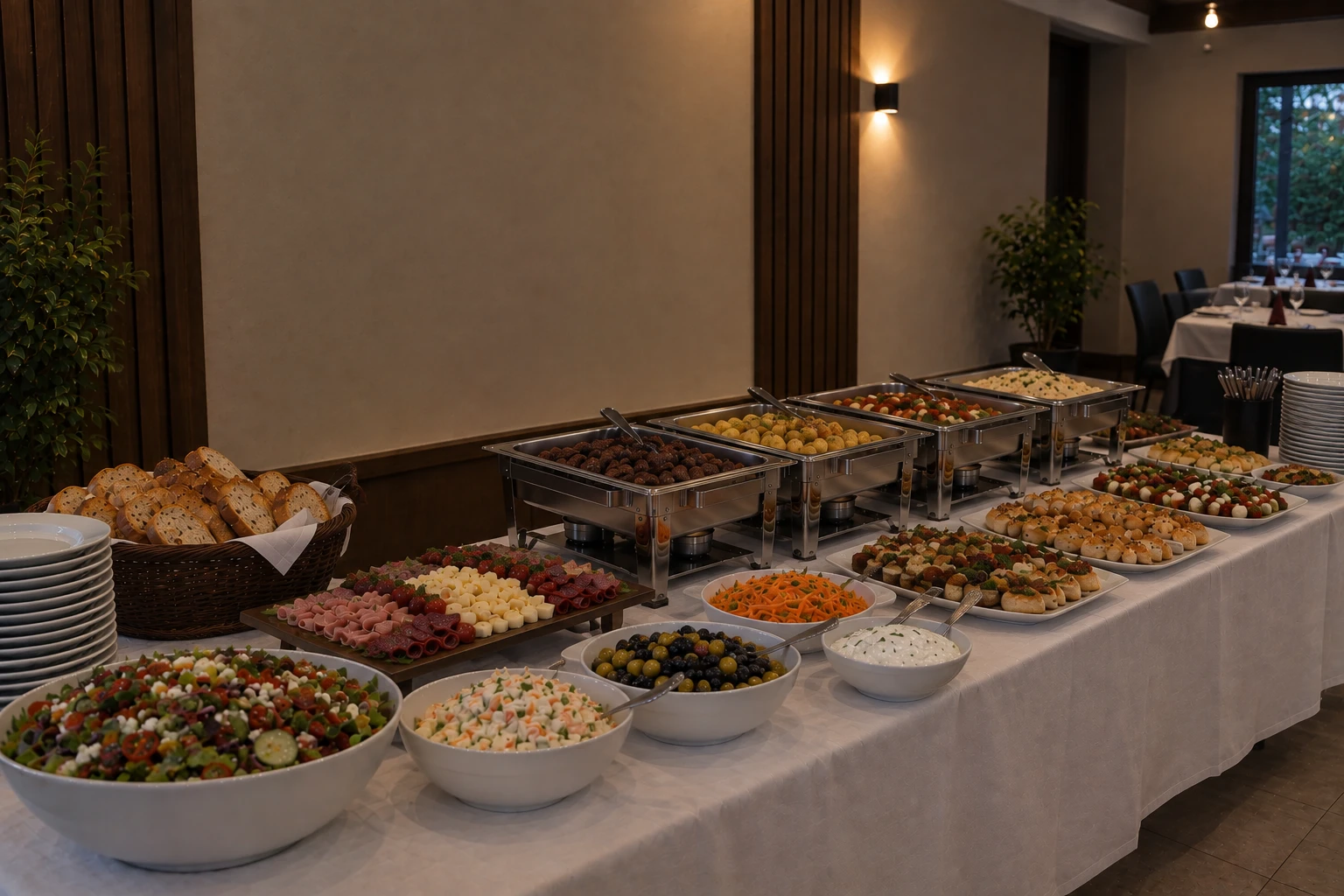 A catering table set for an event, salads, cold cuts and canapés laid out over a white tablecloth