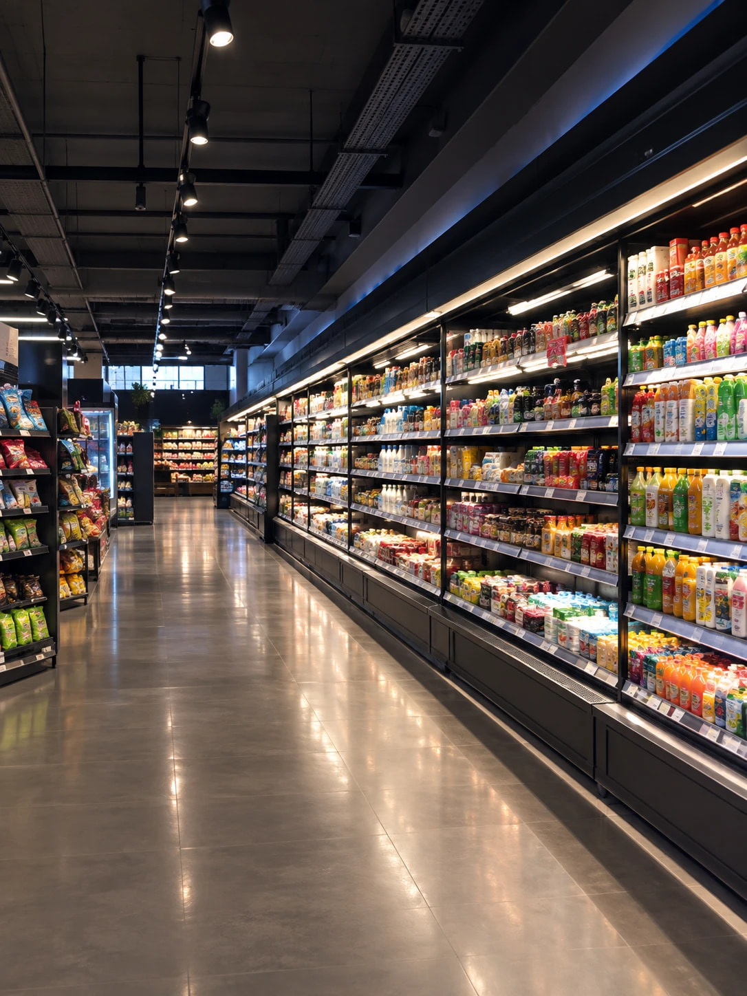 Chilled aisle running the length of the store, shelves lit against a dark interior