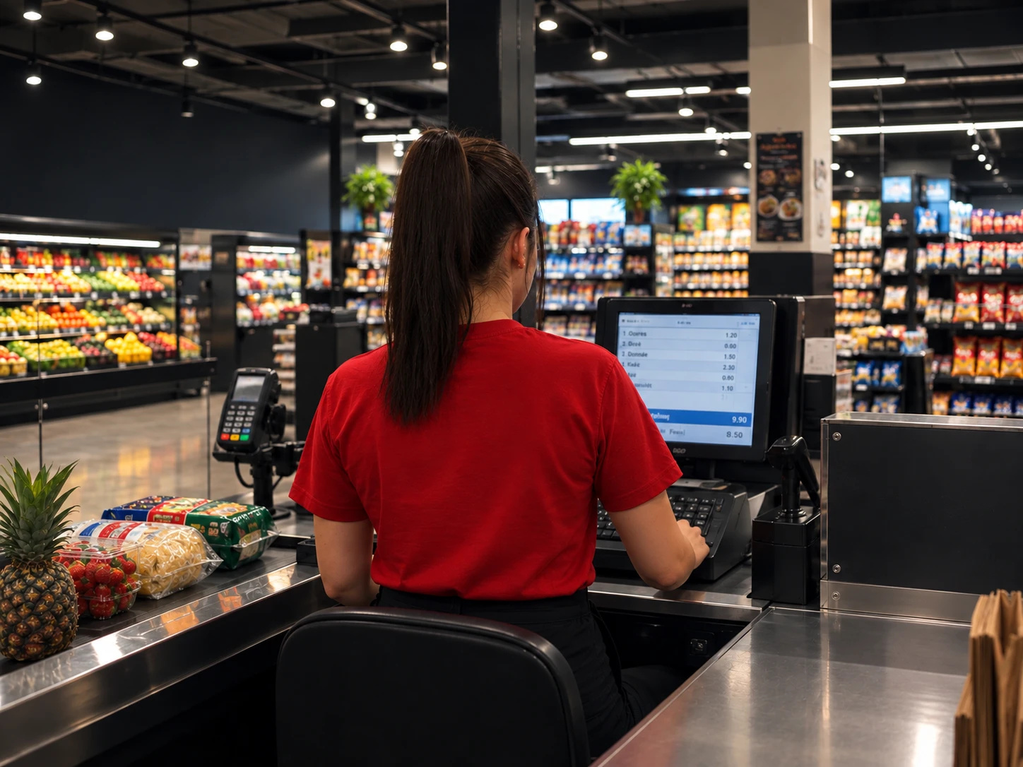 A cashier in a Beni Dona T-shirt working the till, a fresh produce display and the store sign behind