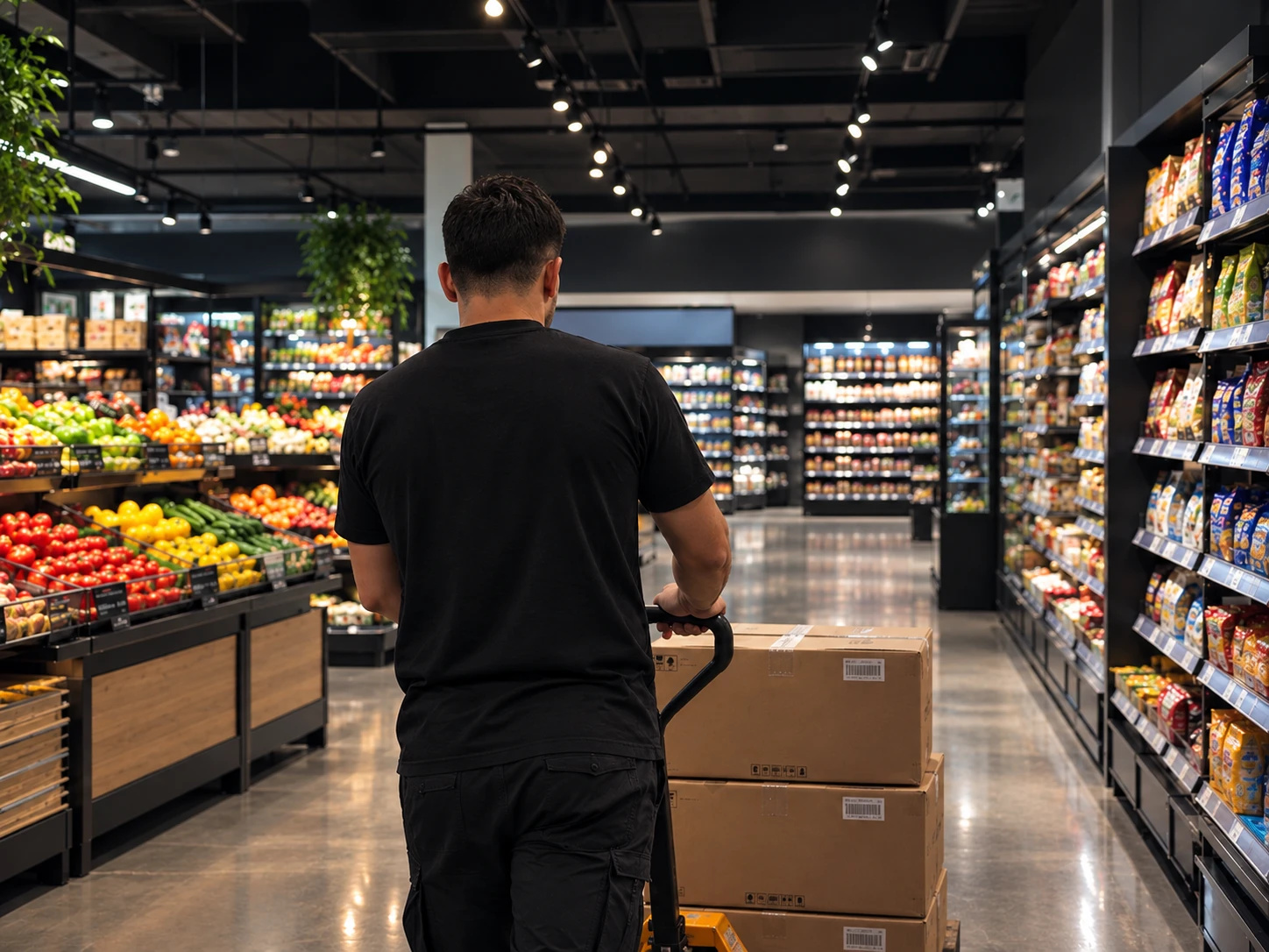 A Beni Dona team member pushing a pallet trolley of boxes through the store, the fresh produce display to the left